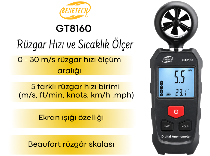 Benetech GT8160 Mini Anemometre Rüzgar Hızı Ölçer Özellikleri