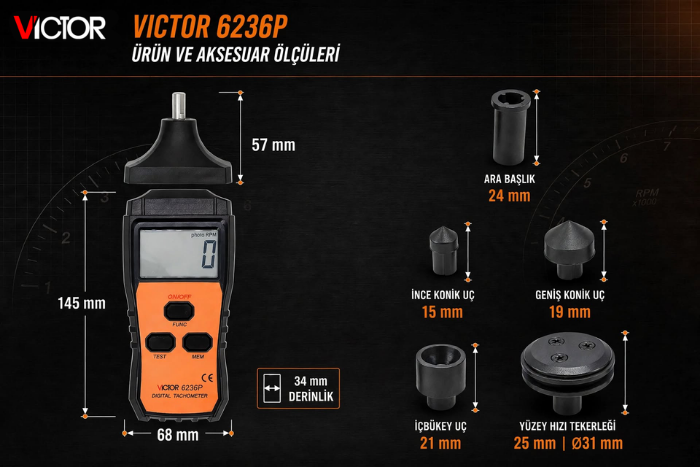 Victor 6236P takometre ve ölçüm aparatlarının boyutları