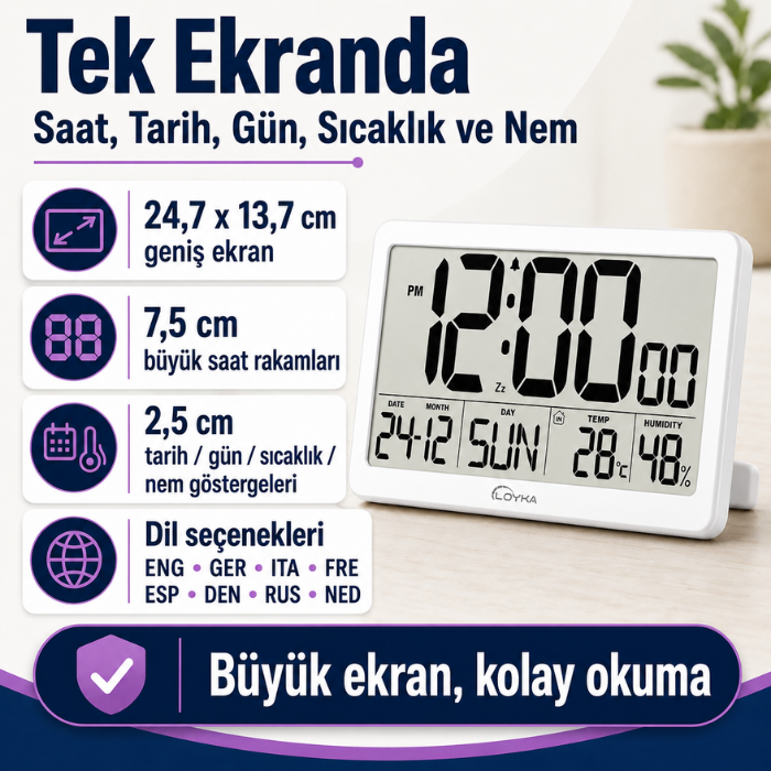 Loyka LCDBY75 Beyaz Dijital LCD Saat | Tarih, Sıcaklık ve Nem Göstergeli