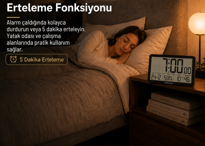 Loyka LCDSY75 Siyah Dijital LCD Saat Alarm erteleme fonksiyonu