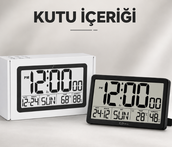Loyka LCDSY75 Siyah Dijital LCD Saat | Tarih, Sıcaklık ve Nem Göstergeli Kutu İçeriği