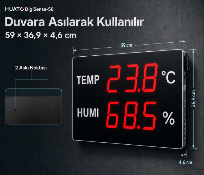 Huato DigiSense-50 duvar montajı ve 59 × 36,9 × 4,6 cm boyutları