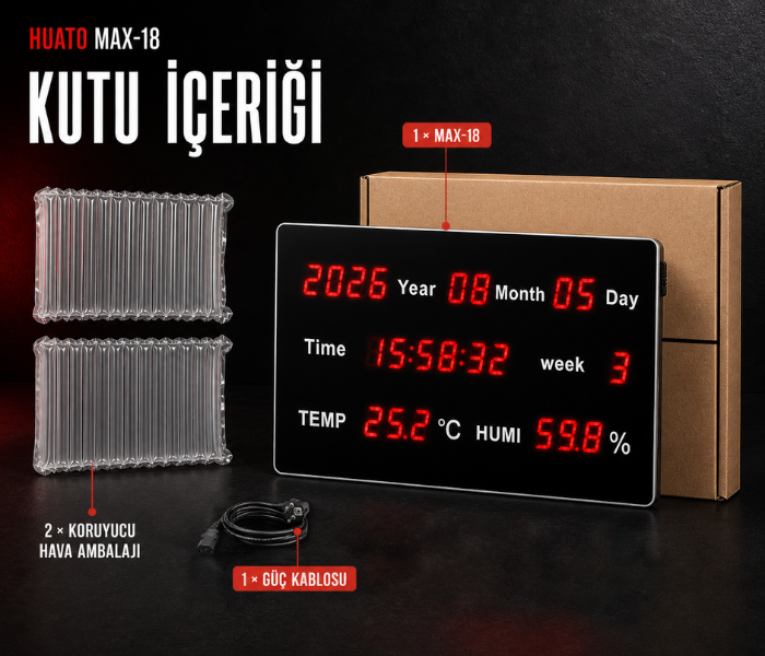 Huato MAX-18 sıcaklık nem saat ve tarih göstergesi kutu içeriği