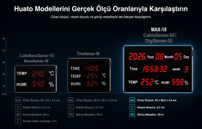 Huato sıcaklık ve nem göstergelerinin boyut ve görüş mesafesi karşılaştırması