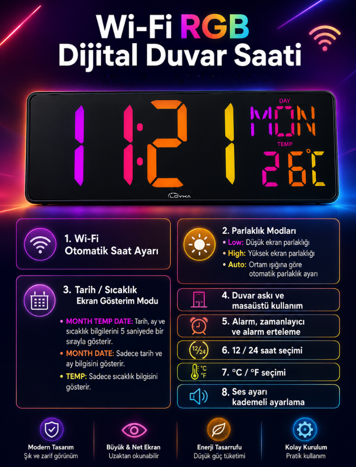 Loyka Renkli Büyük Ekranlı Dijital Duvar Saati