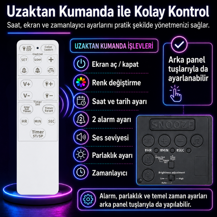 WİFİ150 RGB Renkli Büyük Ekranlı Dijital Duvar Saati Uzaktan Kumandalı Kullanım