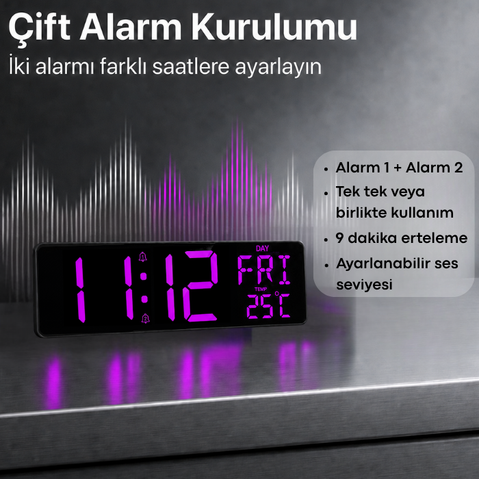 WİFİ150 RGB Renkli Büyük Ekranlı Dijital Duvar Saati Çift Alarm Özelliği