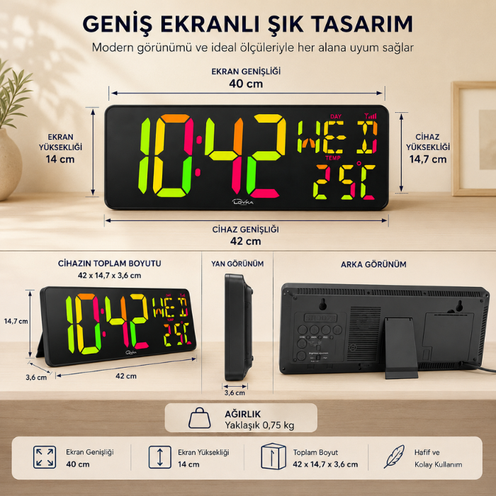 WİFİ150 RGB Renkli Büyük Ekranlı Dijital Duvar Saati Boyutları
