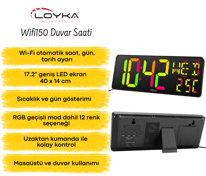 WİFİ150 RGB Renkli Büyük Ekranlı Dijital Duvar Saati Özellikleri