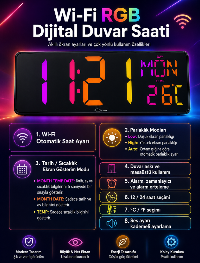 Loyka Renkli Büyük Ekranlı Dijital Duvar Saati