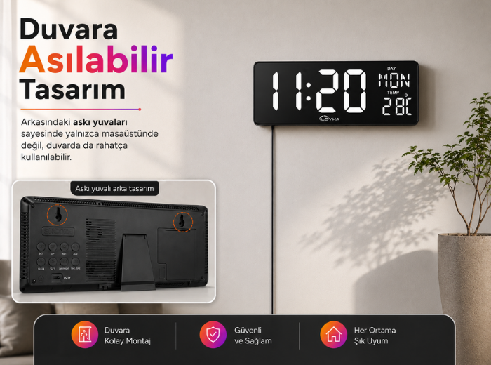 WİFİ150 RGB Renkli Büyük Ekranlı Dijital Saat Masaüstü ve Duvara Asılı Kullanım