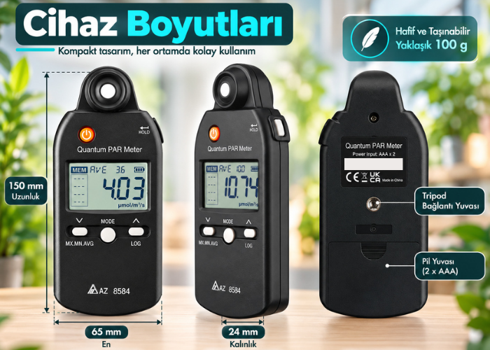 AZ 8584 Geniş Ölçüm Aralıklı PAR Metre Boyutları