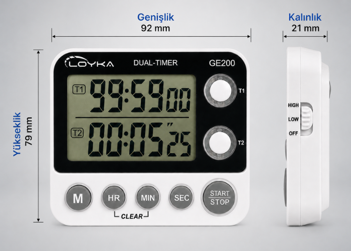  Loyka GE200 Çift Ekranlı Dijital Zamanlayıcı ve Kronometre Boyut