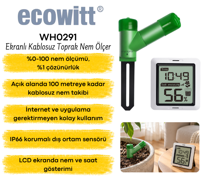 Ecowitt WH0291 ekranlı kablosuz toprak nem ölçer
