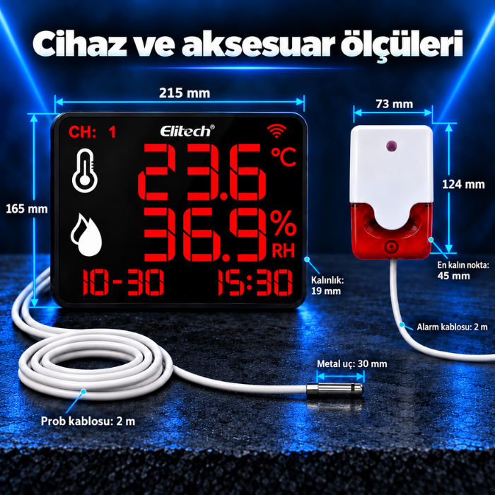 Elitech DR-230W THE sıcaklık ve nem kayıt cihazının boyutları