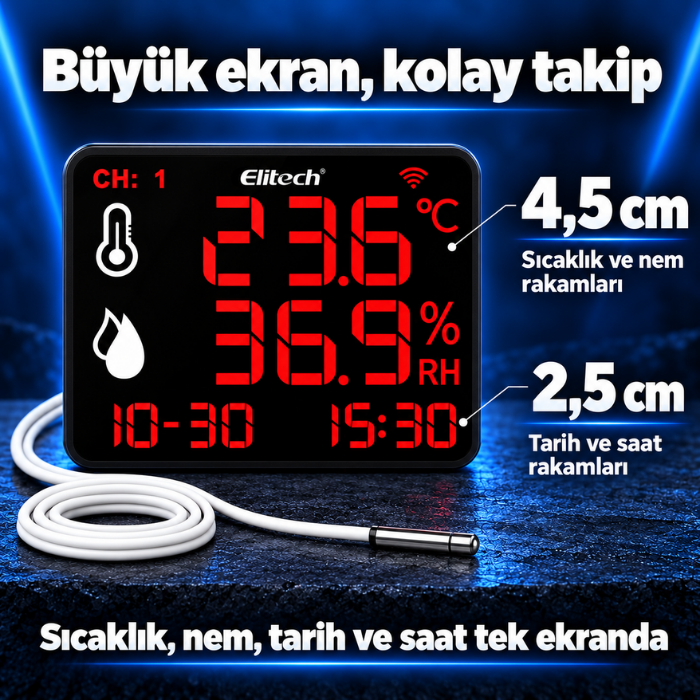 Elitech DR-230W THE büyük rakamlı sıcaklık ve nem ekranı