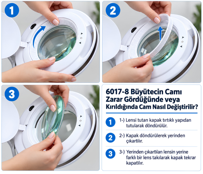 6017 büyütecin camı zarar gördüğünde veya kırıldığında nasıl değiştirilir?