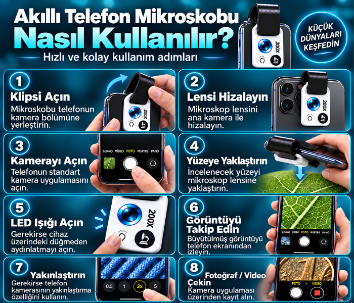 mb200x akıllı telefon mikroskobu nasıl kullanılır?
