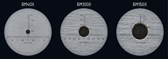 BM40X, BM100X, BM150X mercek görüntülerinin karşılaştırılması