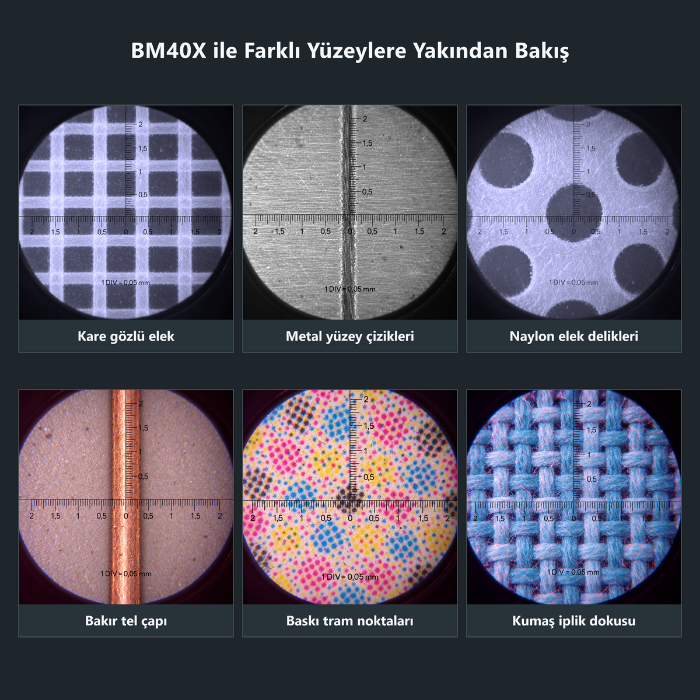 BM40X ile farklı yüzeylerin büyütülmüş görüntüleri