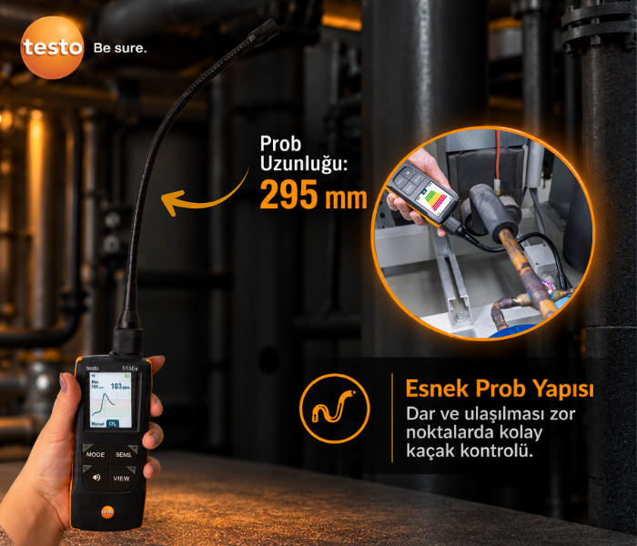 Testo 515 Ex Yanıcı Gaz Kaçak Dedektörü Esnek ve Uzun Prob Yapısı