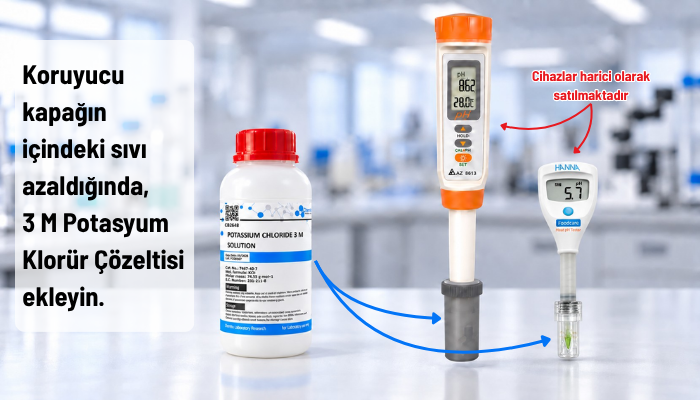 pH metre probuna 3 M potasyum klorür çözeltisi eklenmesi